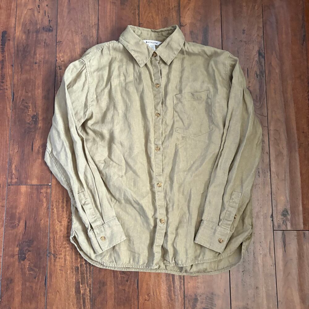 Athleta Retreat 100% Linen Shirt Womens S Olive Green Resortwear Button Up
